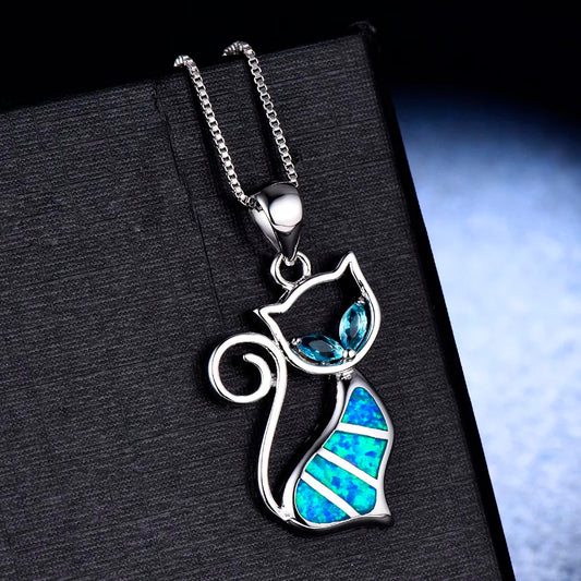 Luxurimo Blue Opal Cat Necklace